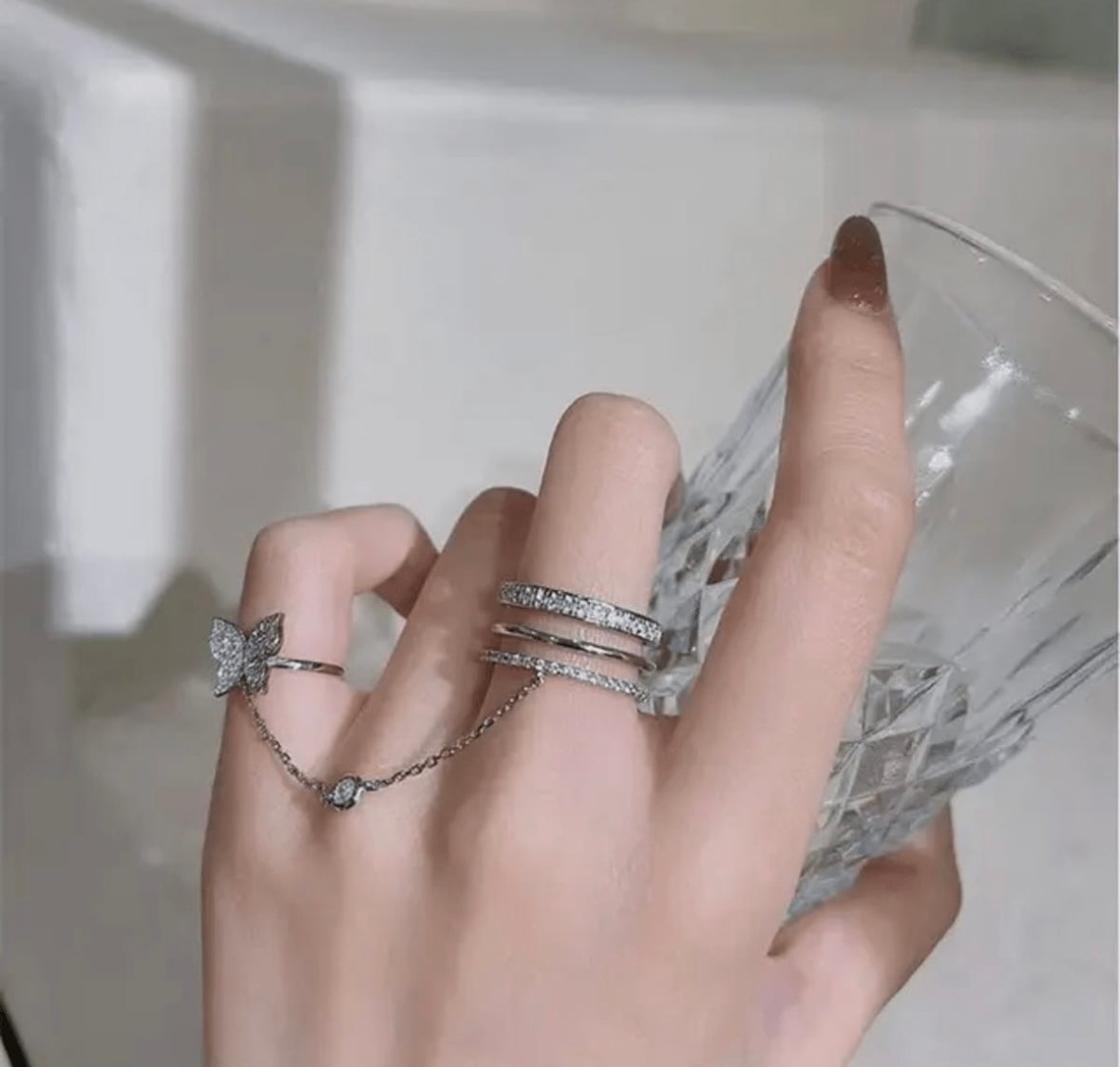 Dainty Star and Chain Silver Ring Set