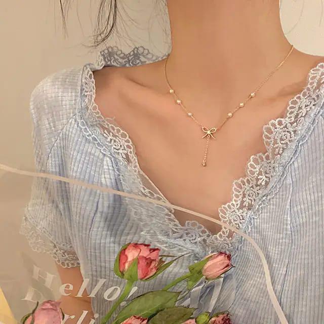 Delicate Bow & Pearl Drop Necklace