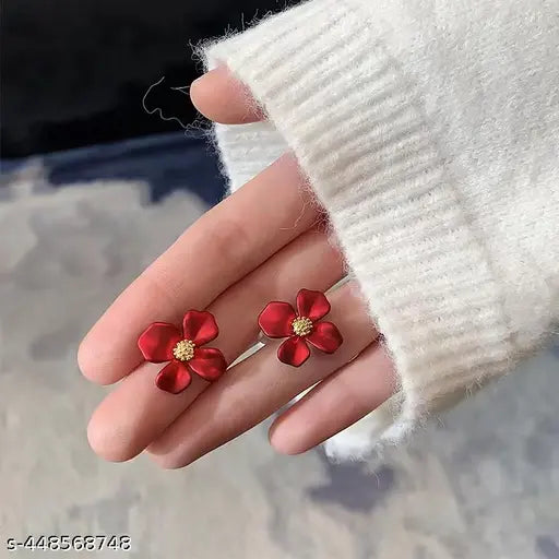 Red Petals Temperament Cute, Small Flower Earrings