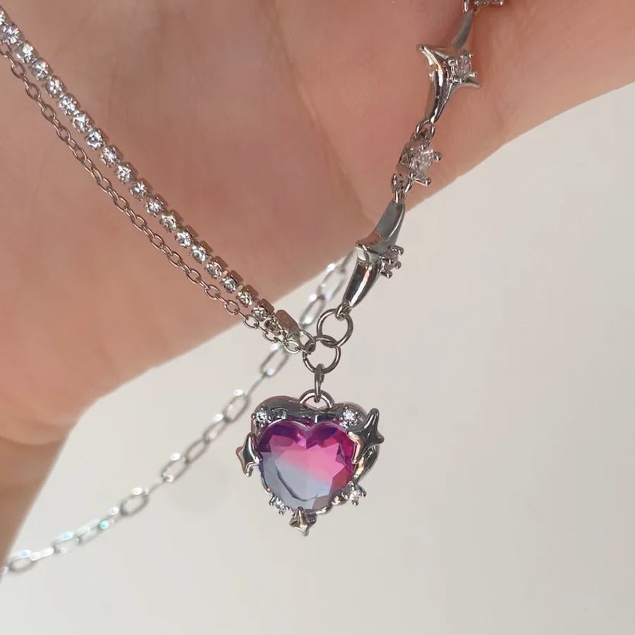 Crystal Heart Pendant With Clavicle Chain Necklace For Women And Girls