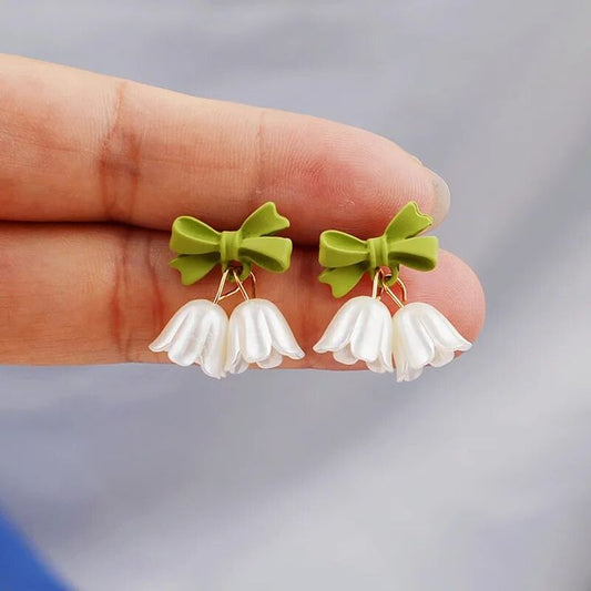 'Lily of the Valley' Flower Small Earrings for Women | Cute Charm Green Bow White Little Bell Floral Tassel Minimalist Dangle Drop Earrings
