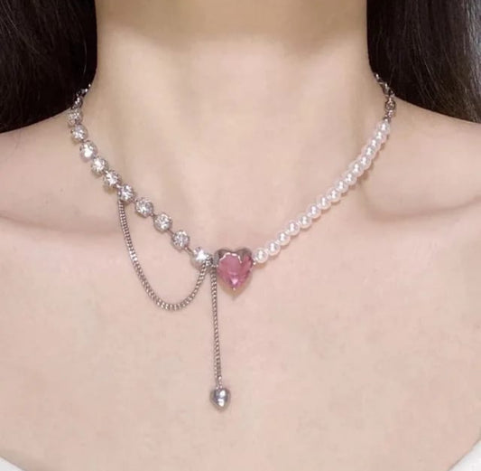 Pink Crystal with Pearl, Diamond necklace