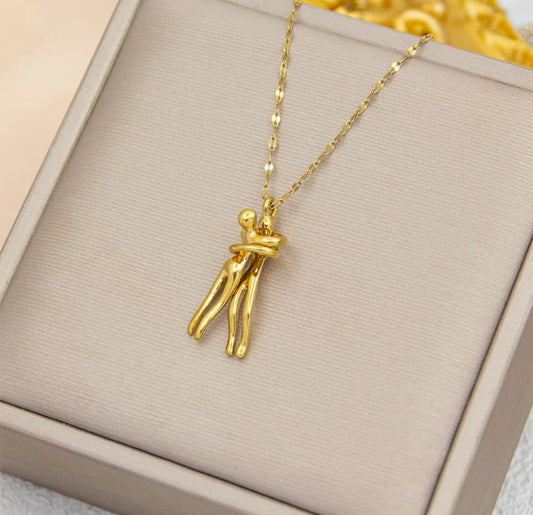 Golden Embrace Hug Pendant Necklace
