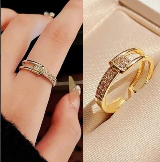 Gold Buckle-Style Crystal Ring