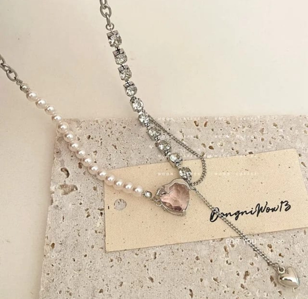Pink Crystal with Pearl, Diamond necklace