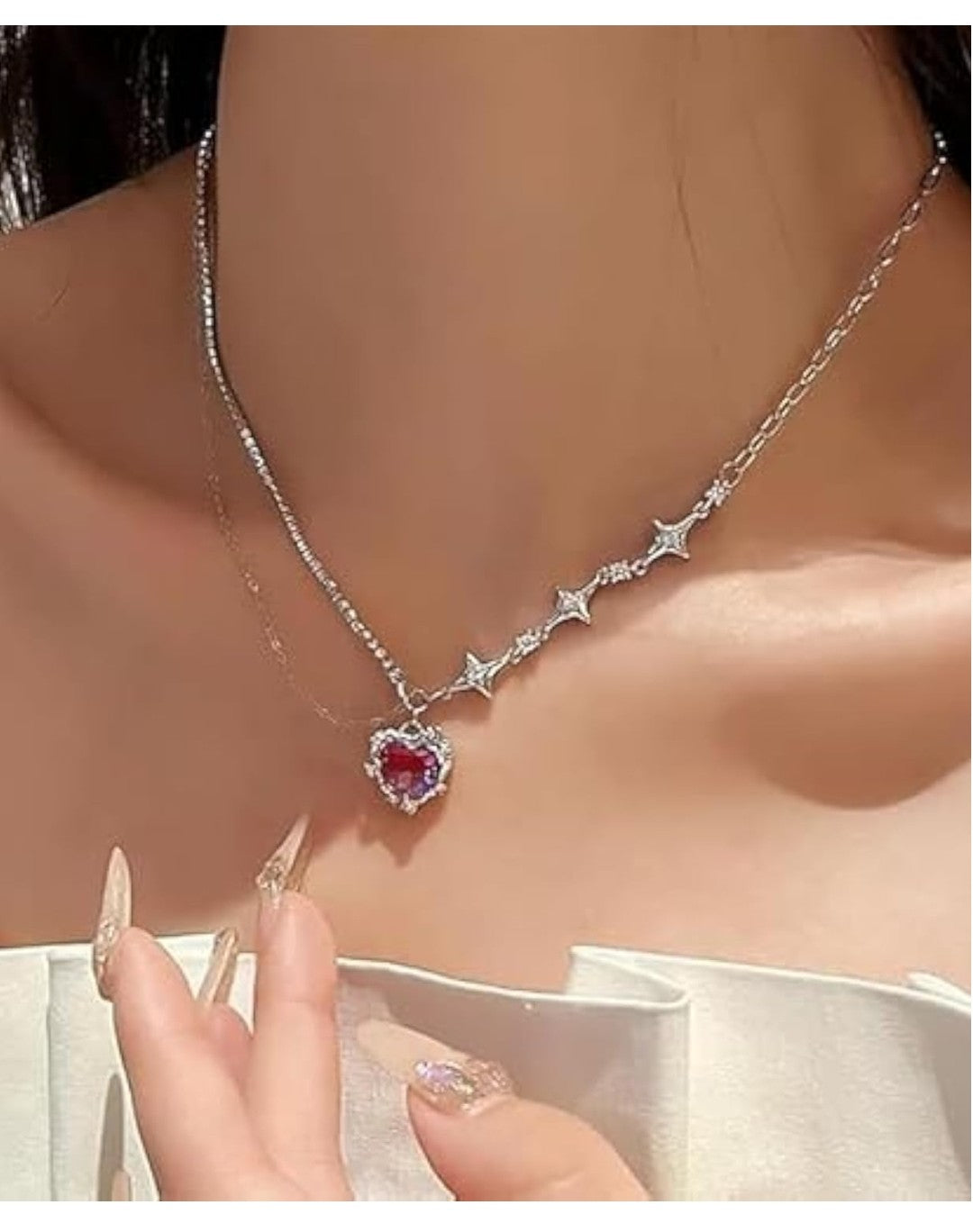 Crystal Heart Pendant With Clavicle Chain Necklace For Women And Girls