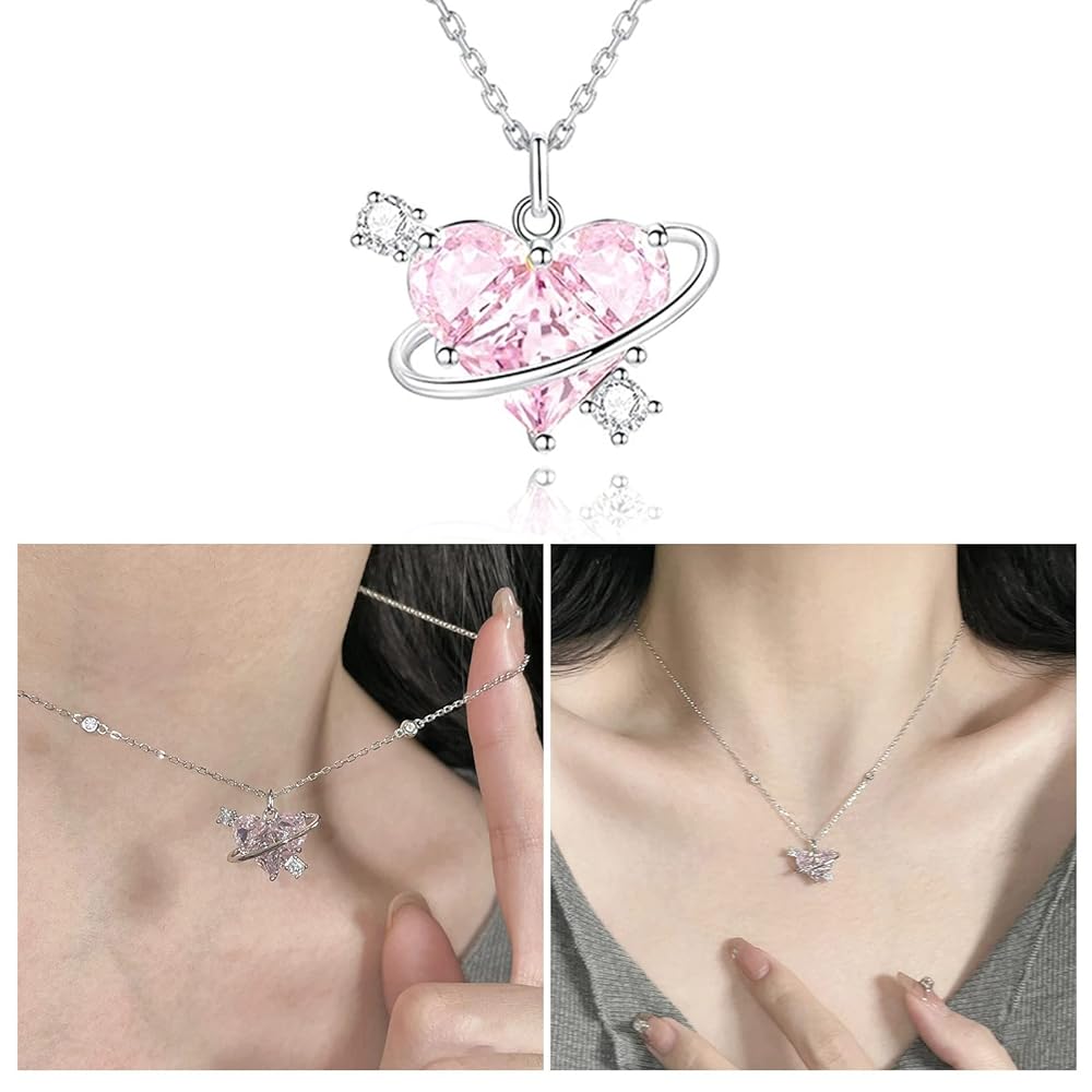 Shiny Crystal Peach Heart Pendant Planet Necklaces Fashion Aesthetic Jewelry