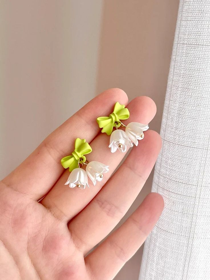 'Lily of the Valley' Flower Small Earrings for Women | Cute Charm Green Bow White Little Bell Floral Tassel Minimalist Dangle Drop Earrings