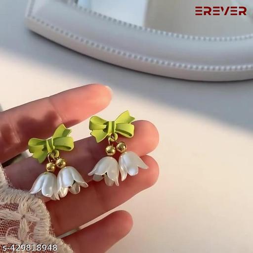 'Lily of the Valley' Flower Small Earrings for Women | Cute Charm Green Bow White Little Bell Floral Tassel Minimalist Dangle Drop Earrings