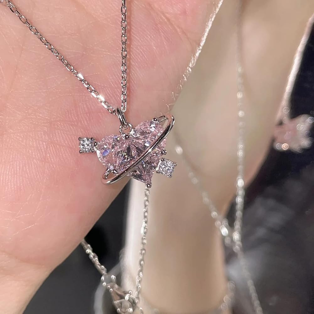 Shiny Crystal Peach Heart Pendant Planet Necklaces Fashion Aesthetic Jewelry