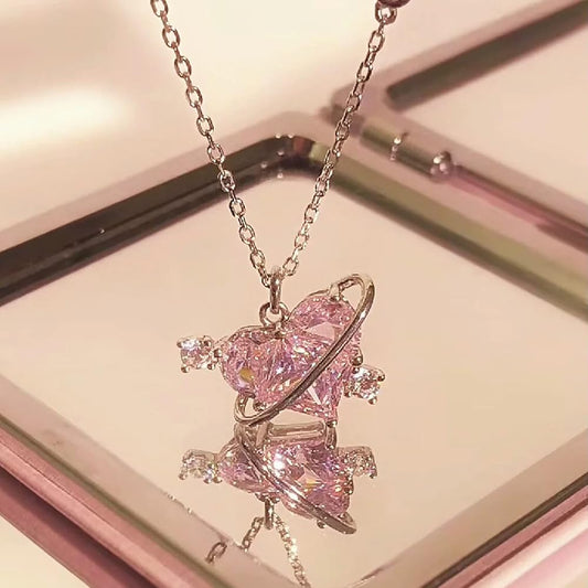 Shiny Crystal Peach Heart Pendant Planet Necklaces Fashion Aesthetic Jewelry