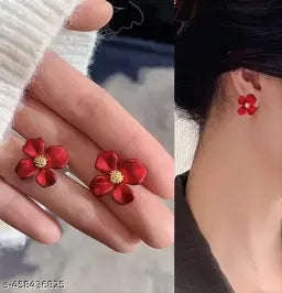 Red Petals Temperament Cute, Small Flower Earrings