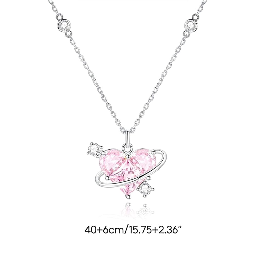 Shiny Crystal Peach Heart Pendant Planet Necklaces Fashion Aesthetic Jewelry