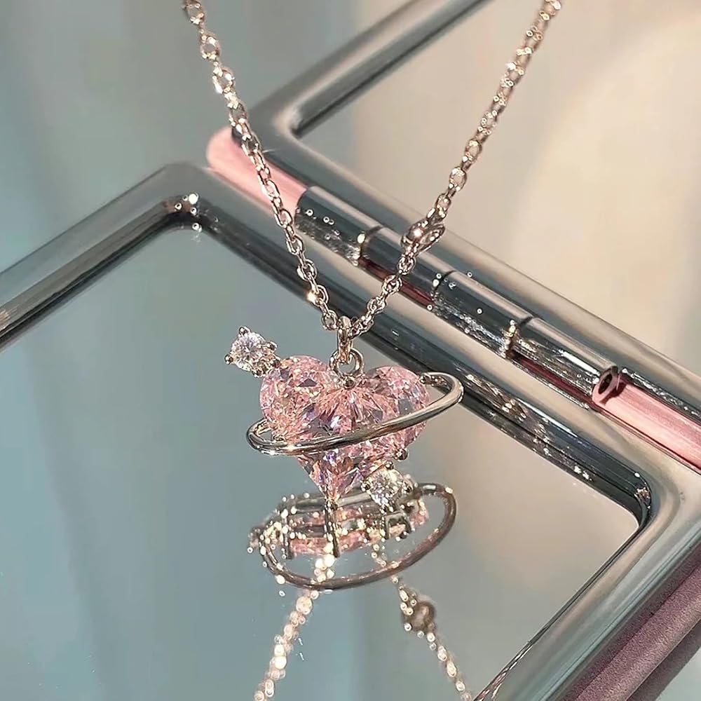 Shiny Crystal Peach Heart Pendant Planet Necklaces Fashion Aesthetic Jewelry