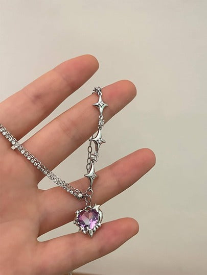 Crystal Heart Pendant With Clavicle Chain Necklace For Women And Girls